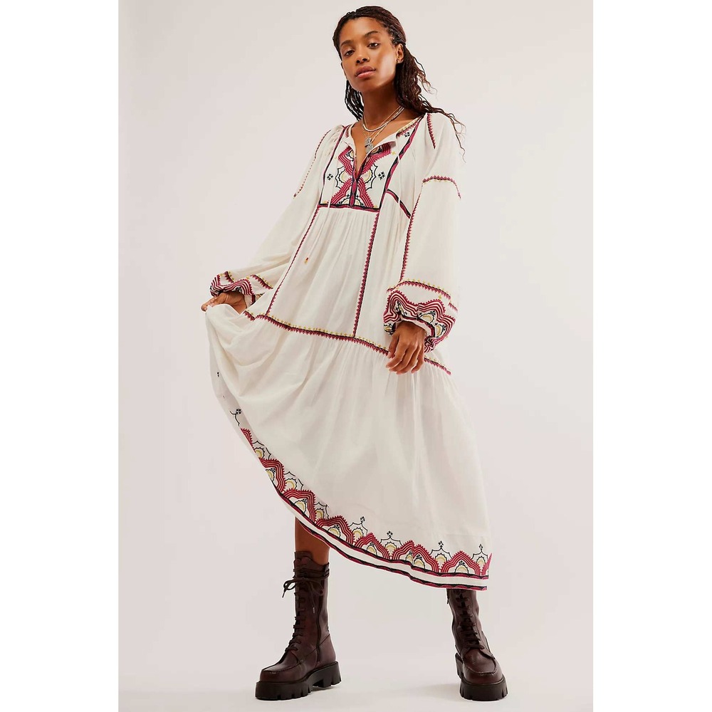 Free People Embroidered Peasant Midi Dress Ivory Red Boho Tassel Small